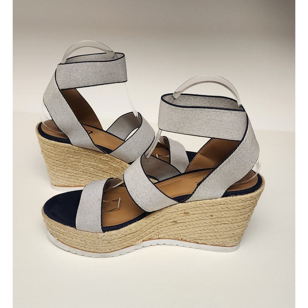 Y-Not Women's Navy Blue/White Elastic Band Wedge Espadrille Sandals 8M